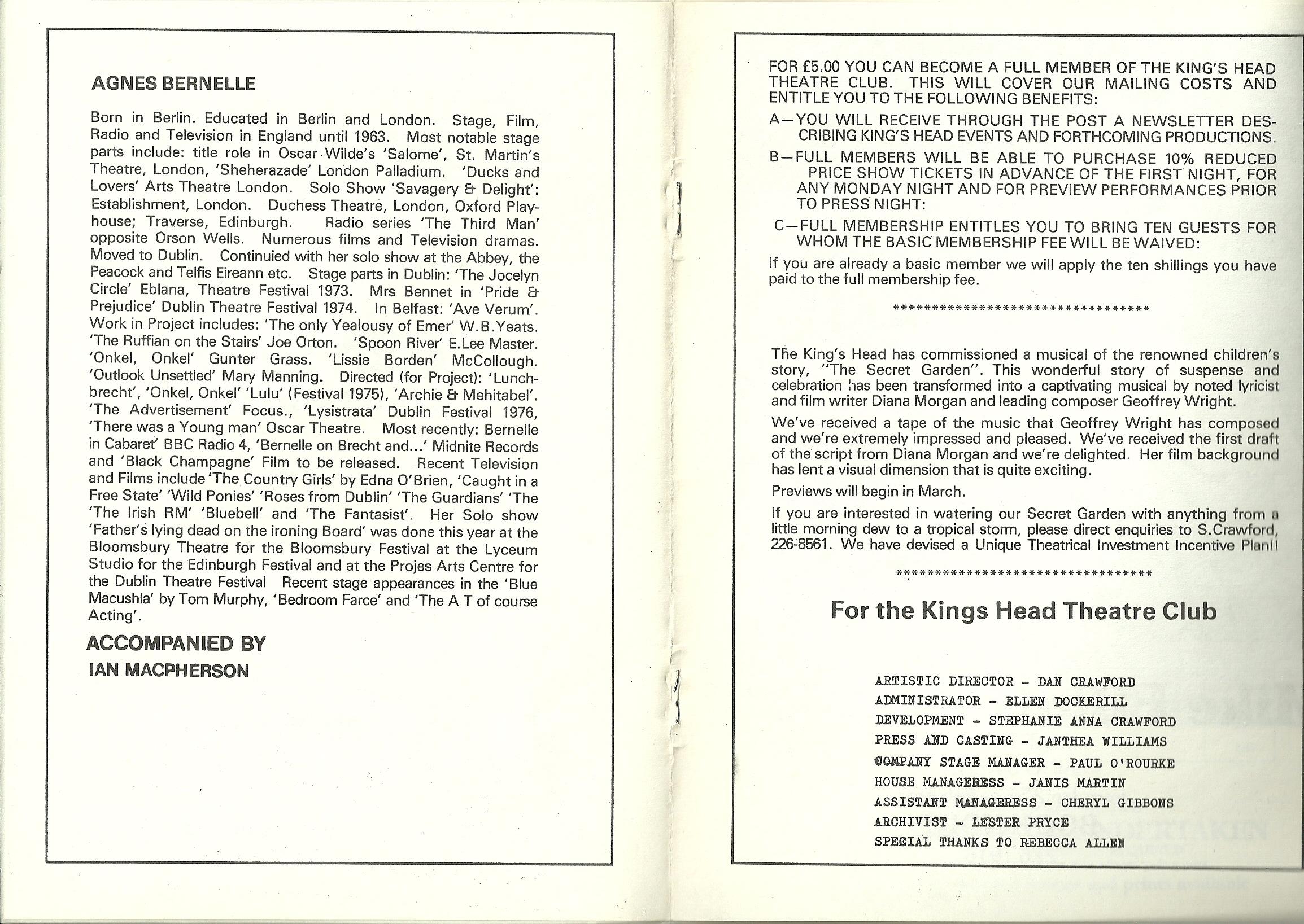 Agnes Bernelle Kings Head Booklet